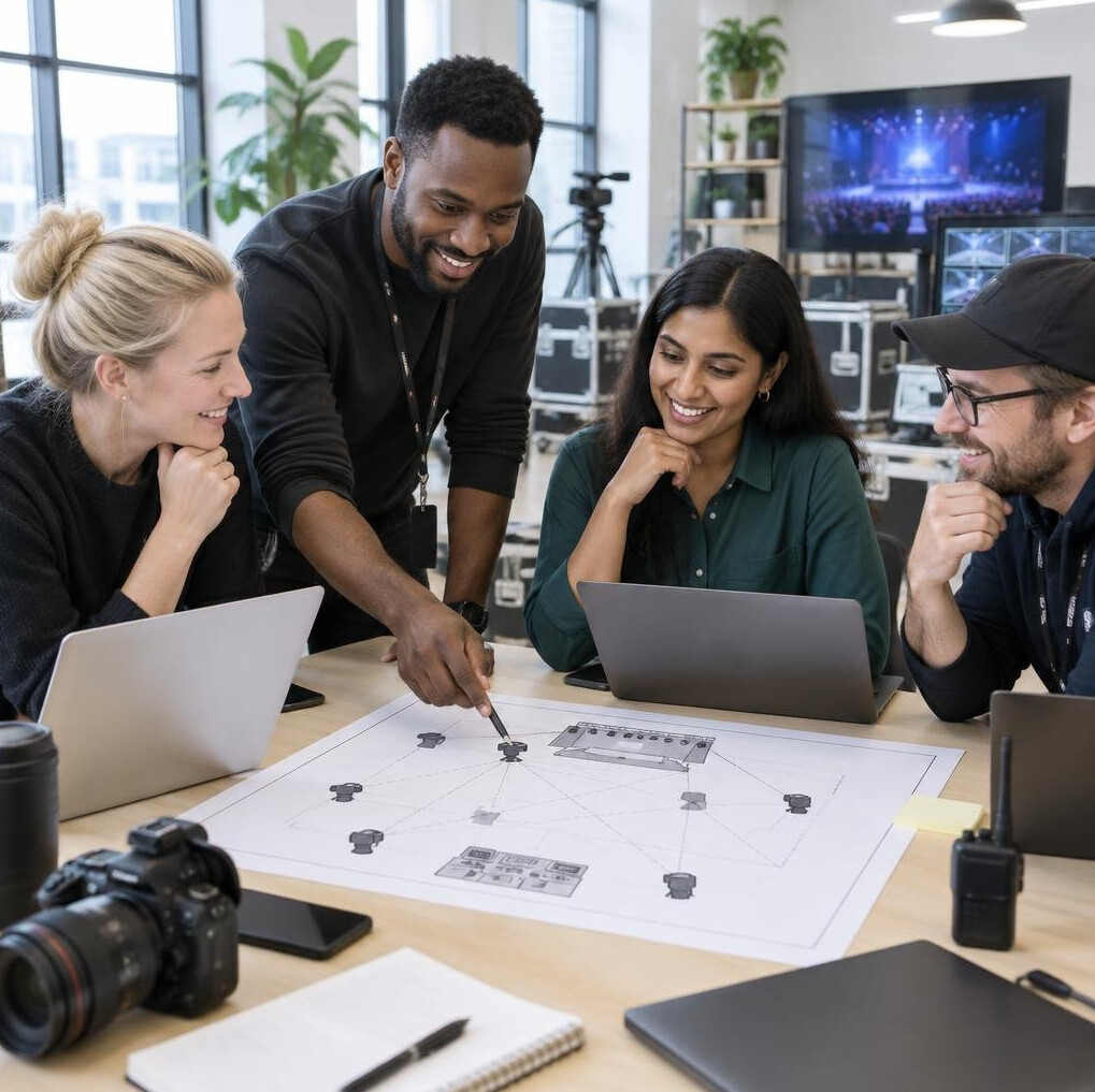 Event production team planning together around a table