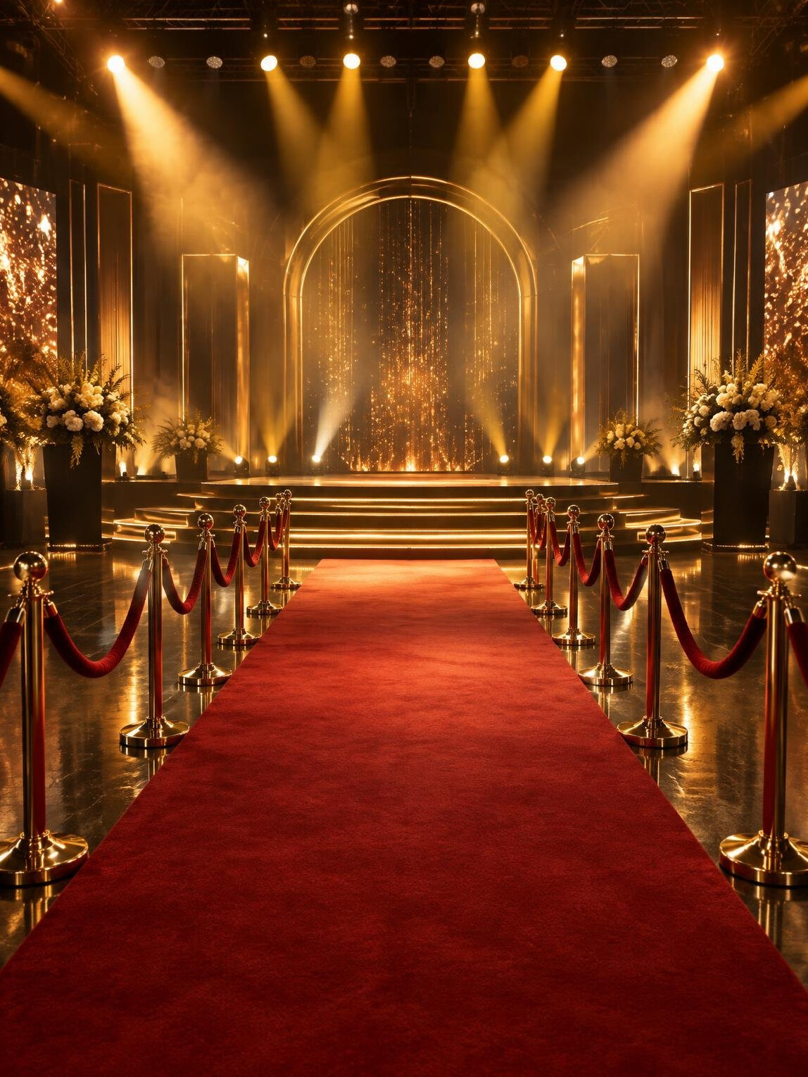 Stage with bright spotlights at an evening entertainment event