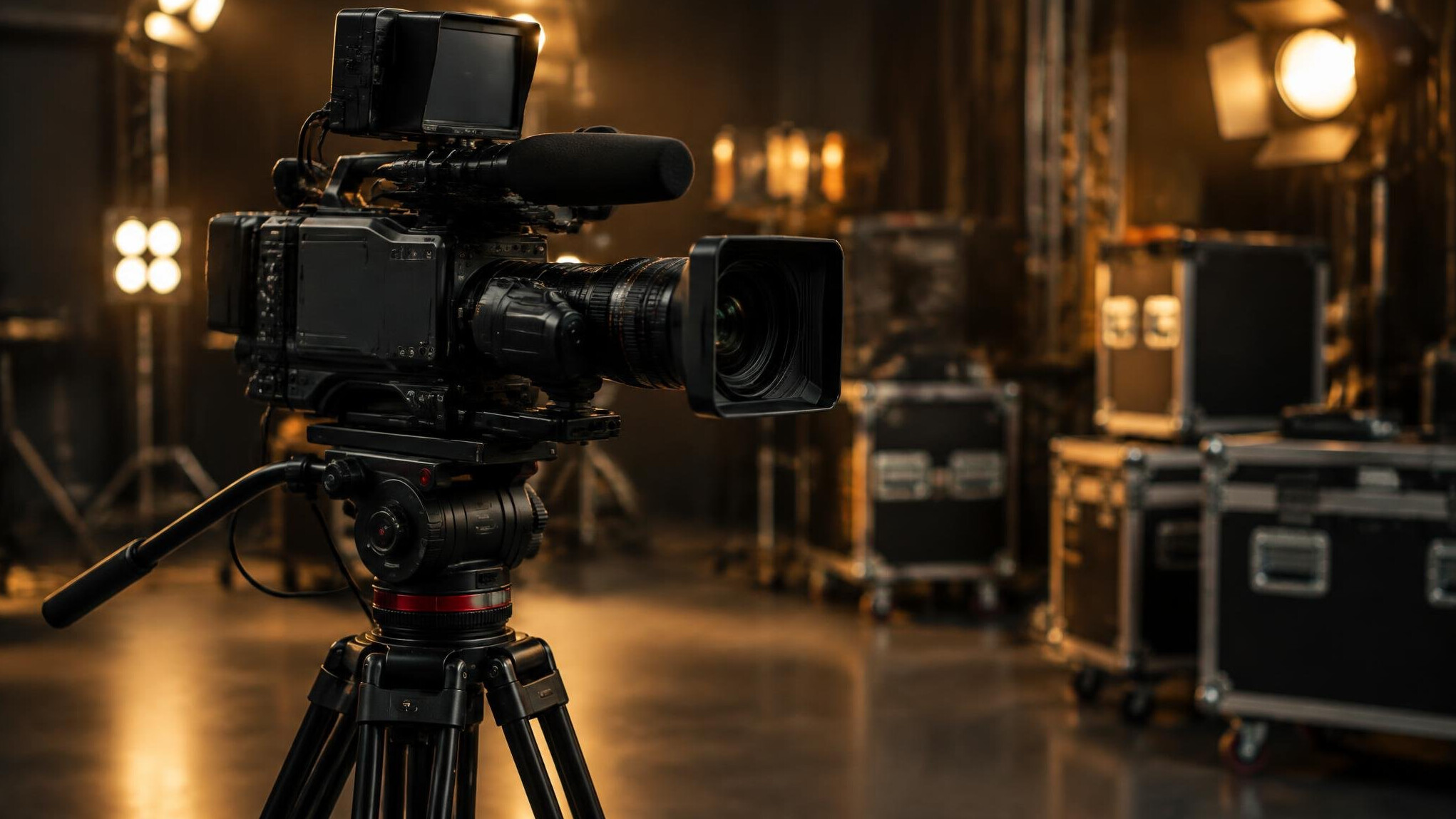 Professional film camera on a set with lights